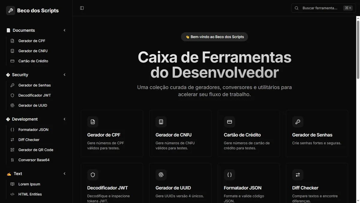 Interface do Beco dos Scripts: barra lateral com categorias de ferramentas e uma grade de cartões de utilitários para desenvolvedores.