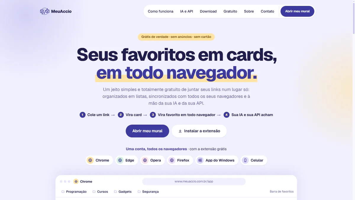 Página inicial do MeuAccio com a chamada 'Seus favoritos em cards, em todo navegador.', os quatro passos do produto e os navegadores suportados.